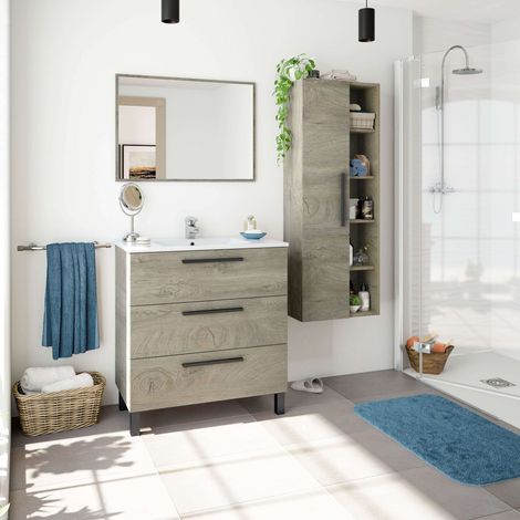 Pack Baño Completo Roble Alaska Mueble Baño, Columna de baño, Espejo y Lavabo Cerámico Incluido
