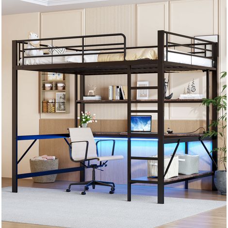 Letto rialzato adulto 140x200 cm con sponda di sicurezza, prese USB, LED, scrivania e ripiano, in metallo nero, materasso non incluso (1/5)