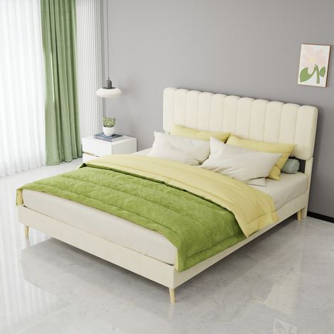 Lit Rembourré 160x200 cm avec Tête de Lit en Velours Beige Cadre de Lit Design Moderne - PANGIVO (1/5)