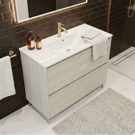 Meuble vasque L.100cm sur pied 2 tiroirs Chêne blanchi LISBONA - sans colonne (1/5)