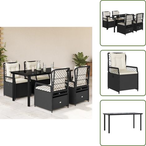 The Living Store Set da Pranzo da Giardino 5 pz Nero con Cuscini in Polyrattan - Sedie da giardino reclinabili