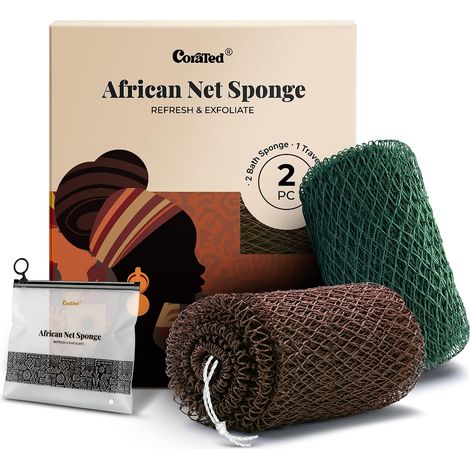 2 Pièces de Filet à Bain Africain, Eponge à Bain pour l'Exfoliation du Corps, Gant à Exfolier le Dos – Produits de Nettoyage Beauté pour la Douche/SPA (Marron et Vert Foncé) (1/5)
