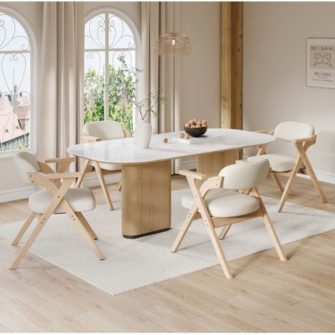 Lote de 4 sillas de comedor plegables con reposabrazos de madera y lino beige OKMYHOME (1/5)