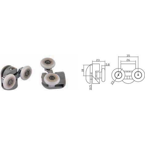 Coppia Cuscinetti Doppia Ruota Attacco Superiore Box Doccia – Nylon Grigio Ø23 mm – Foro Vetro 12 mm