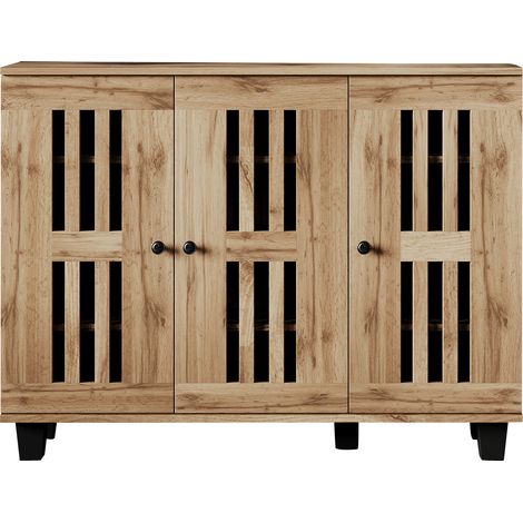 Credenza a 3 ante 120 x 32 x 92 cm in truciolato effetto legno naturale con gambe nere (1/5)