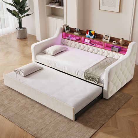 Lit canapé 90x190 avec lit gigogne rangement LED USB beige (1/5)