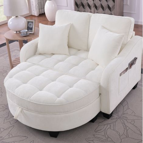 Sofá cama 2 en 1 con puff de almacenaje, tejido transpirable, madera de eucalipto, beige HAVRYA (1/5)