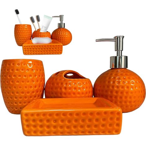 Ensemble 4 Pièces Accessoires Salle De Bain, Céramique Orange, Porte-Brosse À Dents, Gobelet, Distributeur Lotion, Porte-Savon, Maison Hôtel