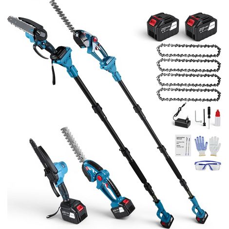 4 en 1 Taille Haie Telescopique Batterie et tronçonneuse,6" Taille-haie électrique avec 2 Batteries de 4000 mAh, Moteur en cuivre,4 chaînes, Angle Réglable, Idéal Jardin Verger Élagage/Taille Haie (1/5)