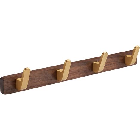 Wandhaken mit 4 Haken, Sockel aus goldfarbenem Walnussholz, Zinklegierung, gebogen, zum Einschrauben