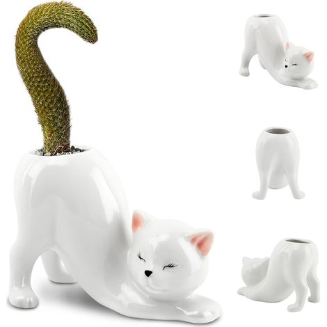Jardinière en céramique en forme de chat pour plantes d'intérieur, succulentes et cactus. Pot de table blanc décoratif. (1/5)