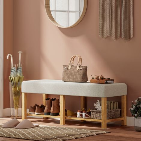 Schuhbank, Aufbewahrungsbank mit gepolsterter Sitzfläche und offenem Regal, Gummibaumholz, 120 x 44 x 48 cm, Naturholz