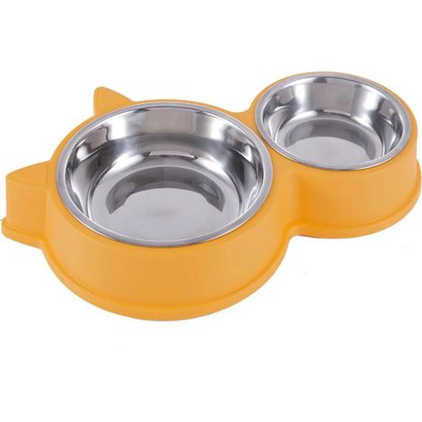 Gamelle double pour chat en acier inoxydable, design oreilles de chat, anti-basculement, couleur jaune, résistante et pratique pour l'alimentation quotidienne (1/5)