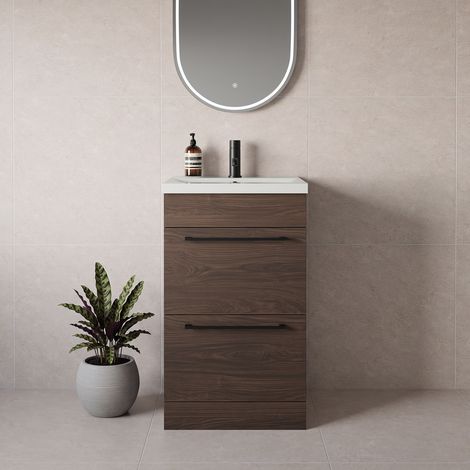 Napoli 390 Brown Oak 500mm 2 Drawer Vanity Unit with Glide Basin - 500mm - Matt Black 320mm Handle