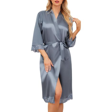 Peignoir Satin Femme Robes du Matin Longues pour Femmes Bordure en Dentelle Robes de Mariée Vêtements de Nuit Doux,S-XXL (1/5)