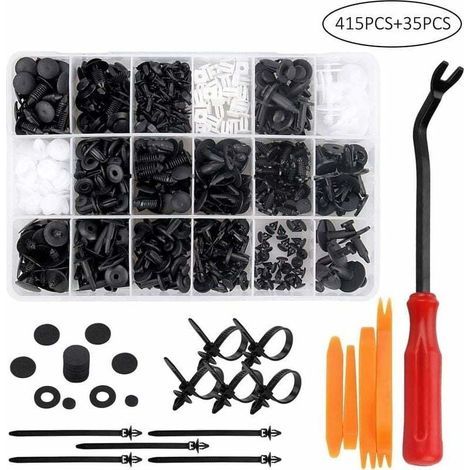 415 clips de rivet en plastique, attache de protection de rivet en plastique, clips de voiture universels noirs et blancs avec boîte de rangement et outil d'installation (1/5)