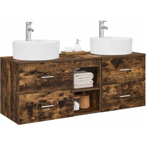 Meuble de Salle de Bain 3 Pièces en Chêne Fumé, Ensemble Complet avec Miroir et Éclairage LED, Design Moderne et Élégant pour WC (1/5)