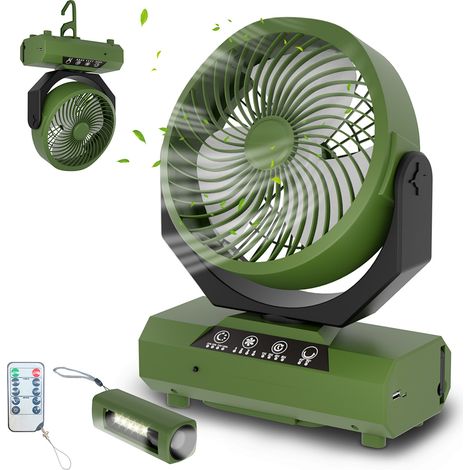 Randaco Ventilador de camping con LED,3 niveles de luminosidad,4 velocidades,Batería 20000 mAh,para la oficina en casa, el coche y las actividades al aire libre,Verde (1/5)