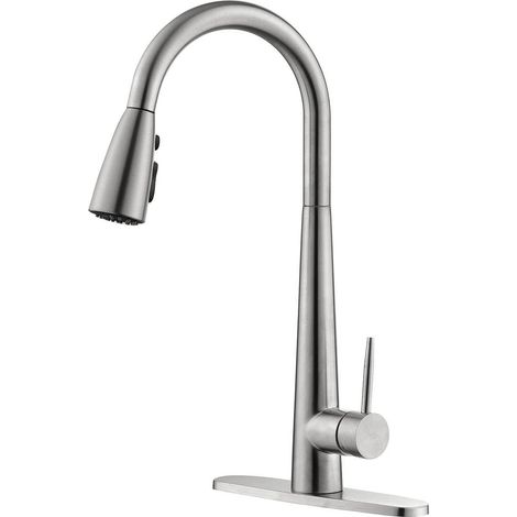 Robinet de cuisine monocommande à montage sur plage avec douchette extractible et poignée unique en nickel brossé (plaque de montage incluse) (1/4)
