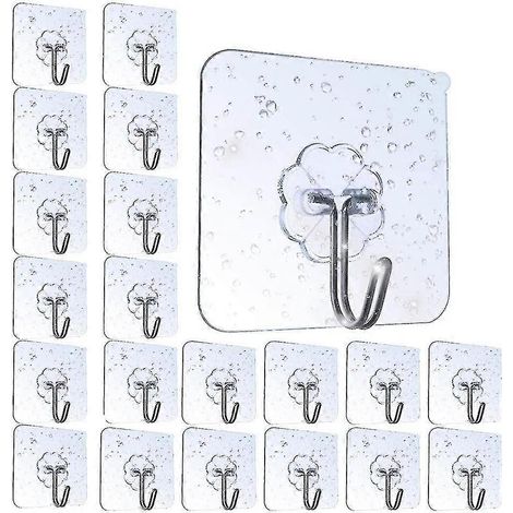 Lot de 20 crochets adhésifs transparents pour salle de bain, étanches, avec porte-serviettes pour chambre, salle de bain, cuisine et plafond. (1/5)
