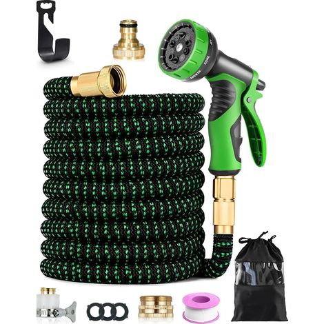 Tuyau d'arrosage extensible de 30 m avec pistolet d'arrosage à 10 fonctions, raccords 1/2" et 3/4", embout cuivré, crochet et sac inclus. Tuyau d'arrosage étanche et anti-torsion. (1/5)