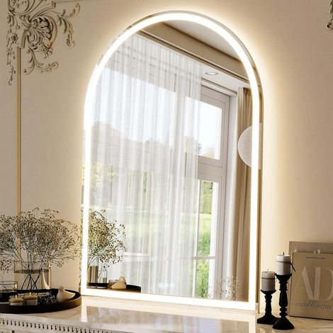 Miroir de salle de bain LED 100 x 75 cm avec rétroéclairage, miroir cosmétique bombé avec fonction anti-buée, intensité variable, couleur de lumière à trois niveaux, fonction mémoire, verre (1/5)