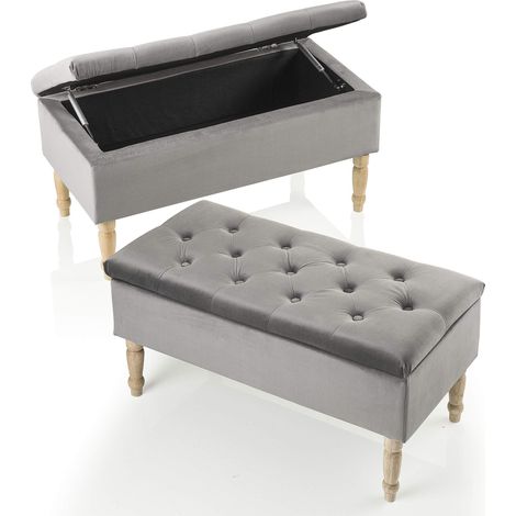 Poggiapiedi Cassapanca Contenitore in Velluto Grigio con Gambe in Legno, 35 Litri 80X39X40 cm (1/5)