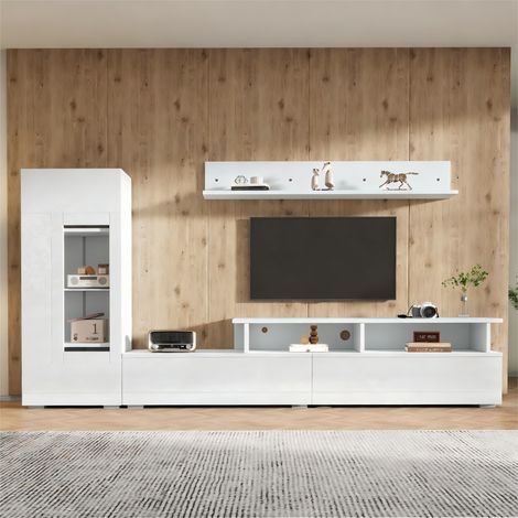 TV-Wohnwand 3-teilig mit LED, Vitrine und Wandregal, 170 cm TV-Schrank, Weiß, REDOM (1/5)