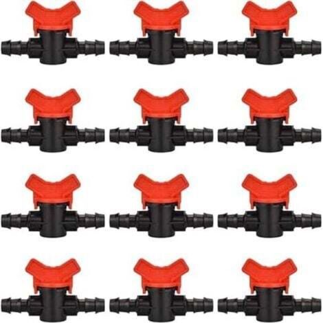 12 PCS Garden Hose Tap, 16 x 16mm Irrigation Valve, Plastic Shut-Off Valve Fitting for Outdoor Garden Water Valve Control (Black + Red)