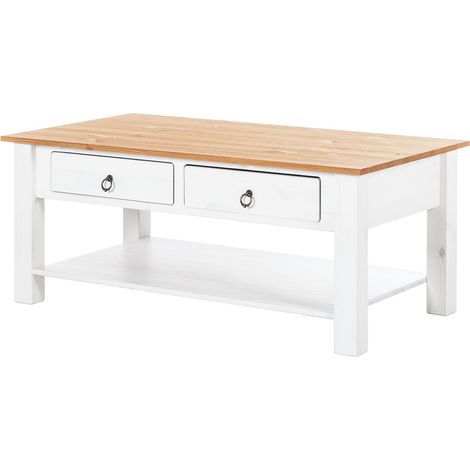 Ines Table basse avec 2 tiroirs en pin blanc et miel (1/4)