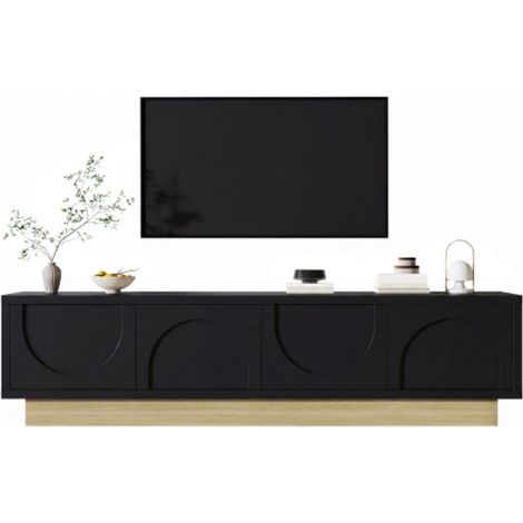 Moderner schwarzer TV-Ständer, minimalistisches geschwungenes Design, viel Stauraum und Kabelmanagement, 175 x 40 x 41.5 cm (1/5)