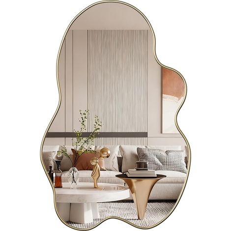 Miroir Mural irrégulier asymétrique - 90 cm x 60 cm - Cadre en Bois Moderne - Miroir Maquillage Mural - Décoration pour Salon, Chambre à Coucher, Salle de Bain, entrée, Couloir (1/5)