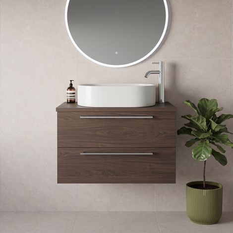 Napoli 390 Brown Oak 800mm Wall Mounted 2 Drawer Vanity Unit for Countertop Basins - 800mm - Chrome 480mm Handle