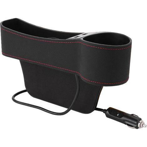 (Conduite à droite, noir) Organisateur universel pour siège auto avec compartiment de rangement latéral, double chargeur USB, porte-gobelet et rangement pour console centrale. (1/5)