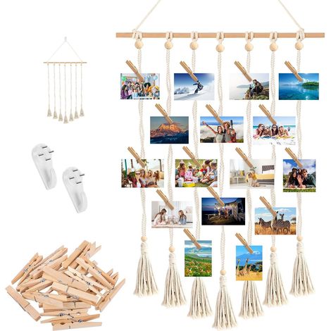 Cadre Pele Mele Photo Mural Style Bohème avec 30 Clips Bois, Cordons Réglables (1/5)