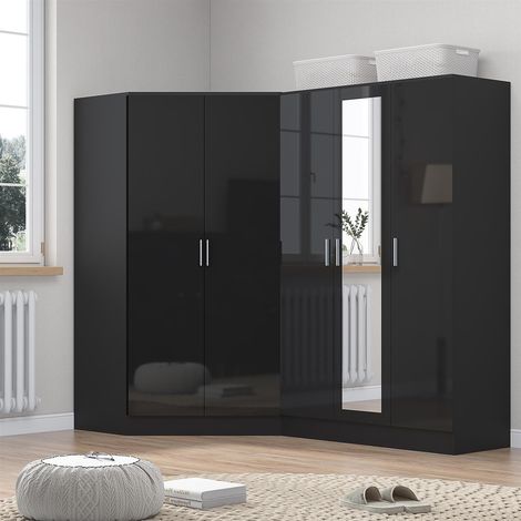 Reflect 2pc Wardrobe Bundle - 2 Door Corner + 3 Door Mirror - Black Gloss & Black Oak