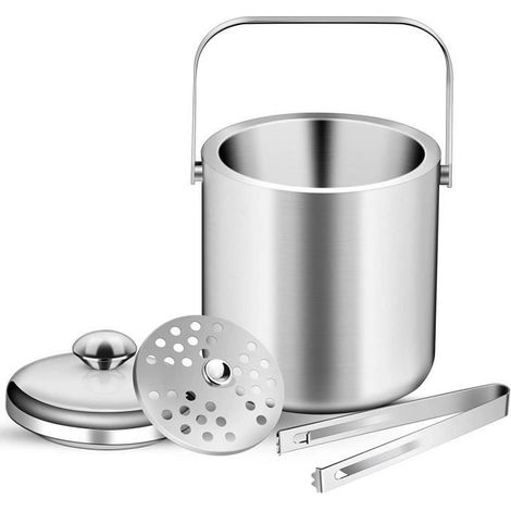 Seau à Glace Isotherme 1,3L avec Pince à Glaçon, Seau à Champagne Double Paroi pour Isolation Long,Rafraîchisseur de bouteille (1/4)