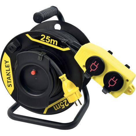 Stanley – Enrouleur électrique déporté 25m – Boîtier 4 prises 16A+T – Longueur 25m + 2m – Indice de protection IP44 pour chantiers difficiles (1/2)