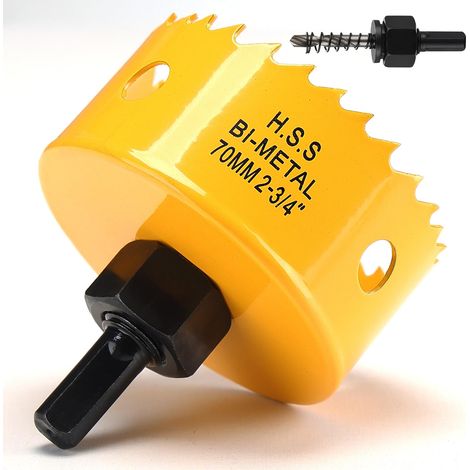 Scie cloche, 70mm, Scie Trépan avec adaptateur hexagonal et embout central, Bi-métal HSS M42, pour bois, plastique, aluminium, plaques de plâtre, Jaune (1/5)