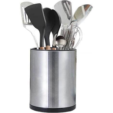 Pot à ustensiles de cuisine, support à ustensiles en acier inoxydable, rotation à 360°, 20,8 x 17 cm, avec séparateur amovible