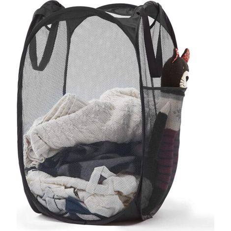 Pop-up mesh laundry basket with durable handles – Portable collapsible clothes baskets for dorm rooms, bathrooms, and travel (black) (1/4)