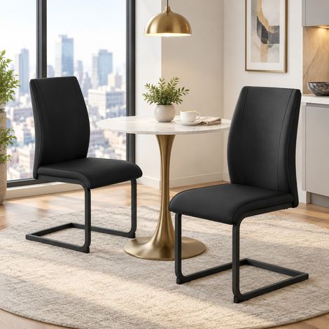 Set di 2 sedie da pranzo in PU nero, gambe in metallo, schienale ergonomico OKMYHOME (1/5)