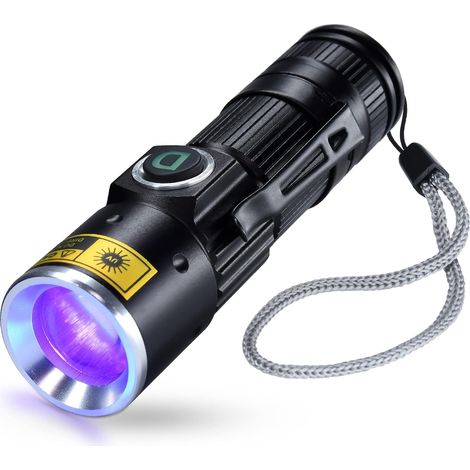 Linterna UV recargable por USB, 395 nm, lámparas de madera, luz negra ultravioleta, mini LED portátil con zoom, detector de manchas, detector de orina de gato, fluorescente, ámbar, resina epoxi (1/5)