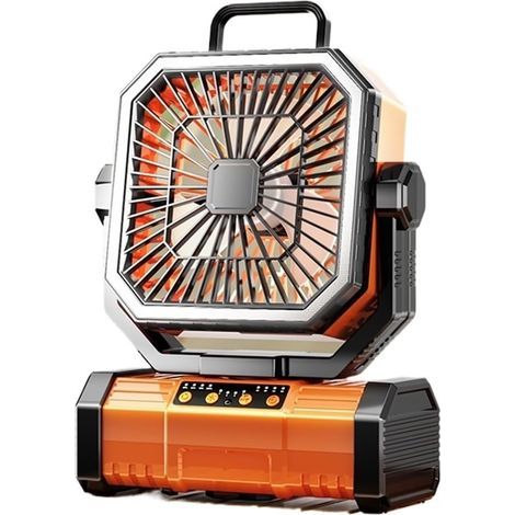 Portable camping fan with USB charging, quiet ceiling fan and LED light for fishing, hiking and outdoor activities (orange color) (1/5)