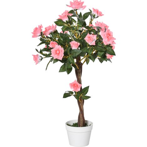 Outsunny Pianta Artificiale di Rosa da 21 Fiori Ø18x90 cmcon Vaso Rosa