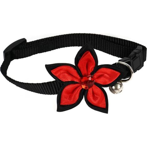 Collare nero per animali domestici con decorazioni floreali e campanellino. (1/4)