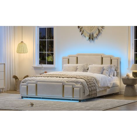 Lit rembourré de 140 x 200 cm avec tiroirs,housse en velours beige,lit double,avec bordures dorées sur la tête de lit et le pied de lit,design unique,