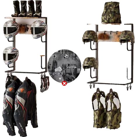 Soporte para casco, fabricado en hierro, madera y metal, diseño flotante compacto, compatible con múltiples deportes, sujeta cascos y equipamiento, fácil instalación. (1/5)