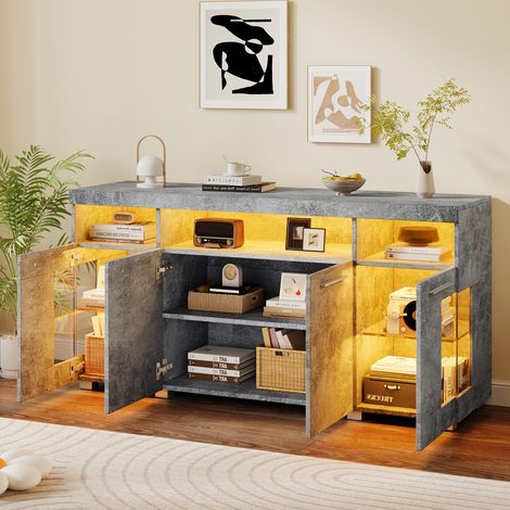 Credenza MDF grigio cemento 140 x 40 x 70 cm con ante in vetro temperato, LED integrato e 6 scomparti
