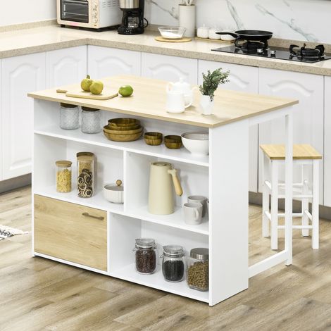Table de bar moderne en MDF pour 2 personnes avec 4 étagères ouvertes et un placard. 116 x 79,5 x 91 cm (1/5)